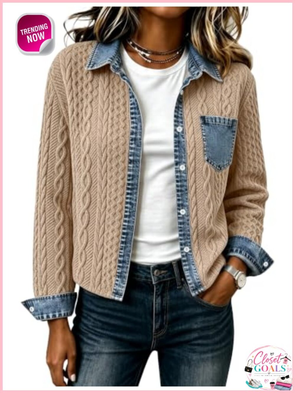 Cropped Denim Patchwork Jacket Collared Button Sweatshirt Shacket
